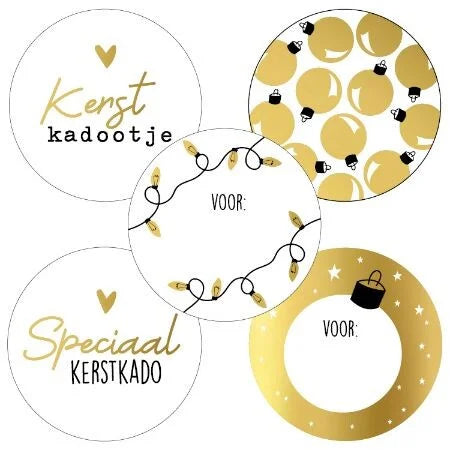 Cadeaustickers - Rond (kerst) - wit & goud